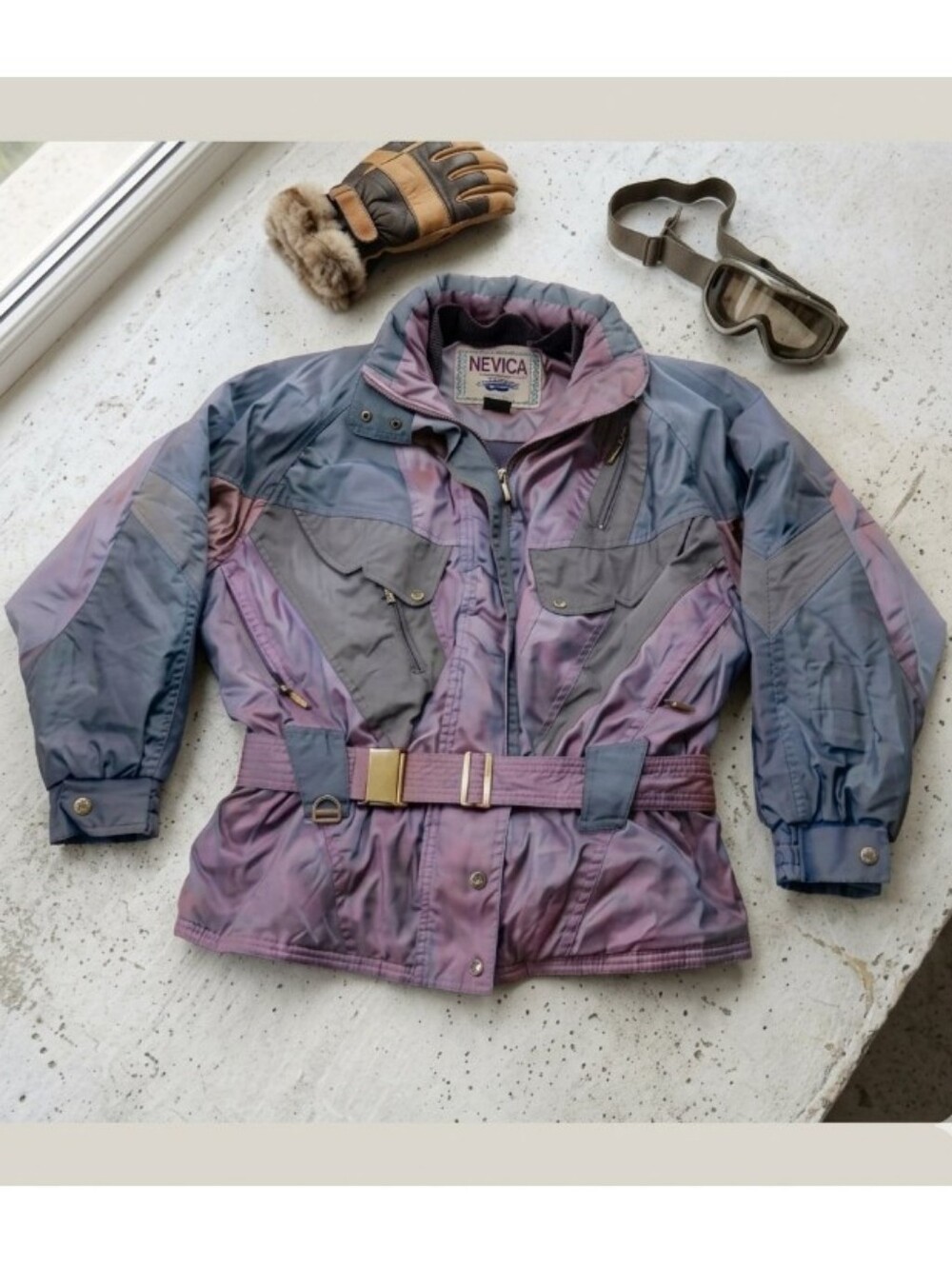 Vintage Nevica Jacket Ladies Ski Viwage Belted Parka Iridescent Gray/Purple 14